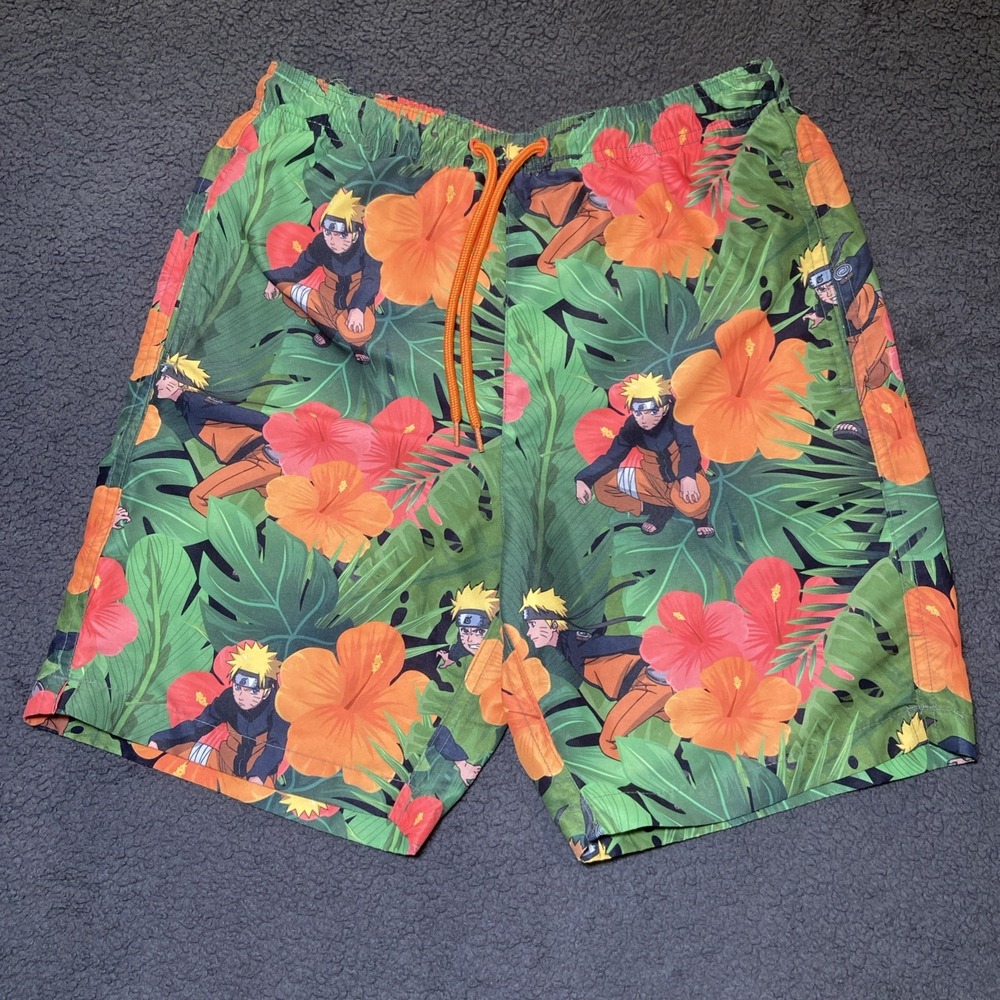 VTG‎ Naruto 2002 Tropical Floral Green Orange Men's Swim Trunks Size Small AOP